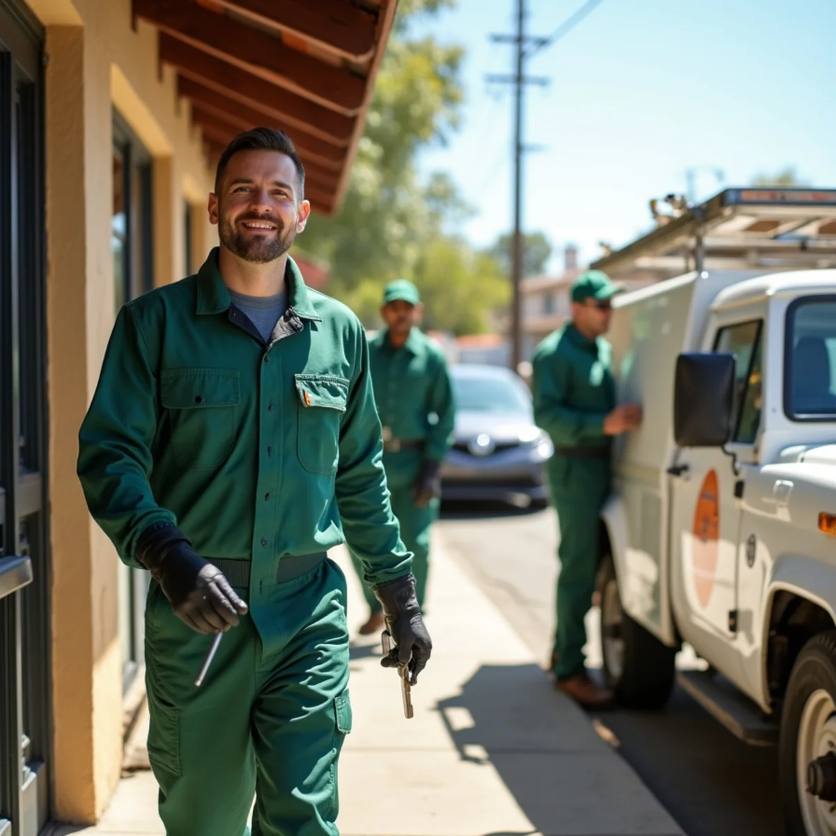 Technician checking a rodent monitoring station and service log in a Fresno restaurant kitchen