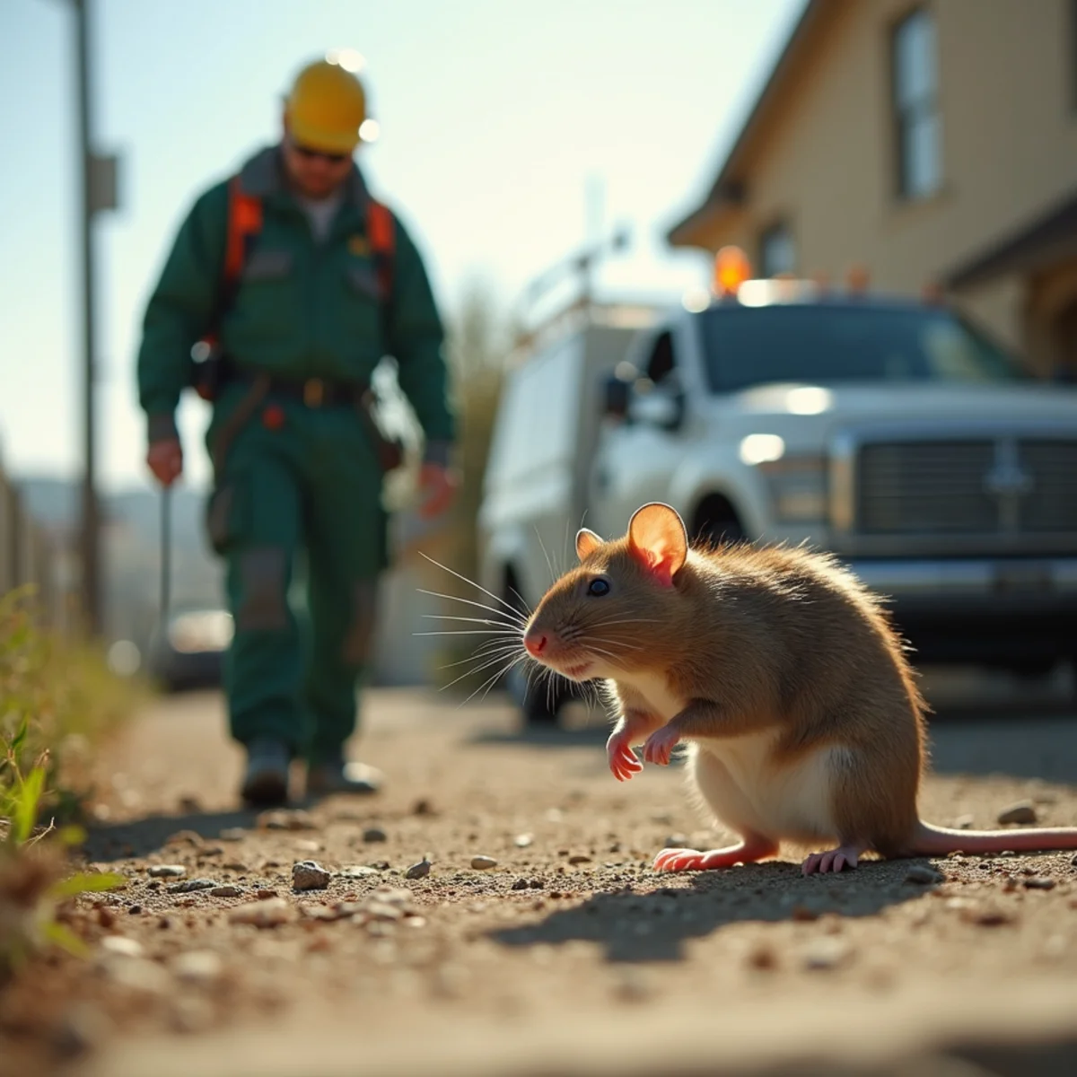 Roof rat on an attic rafter beside a Norway rat at a Fresno home foundation