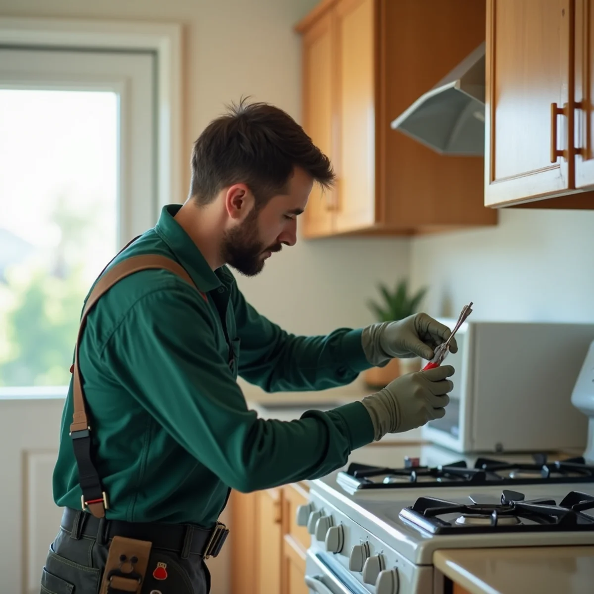 Technician applying cockroach gel bait behind a Fresno kitchen appliance