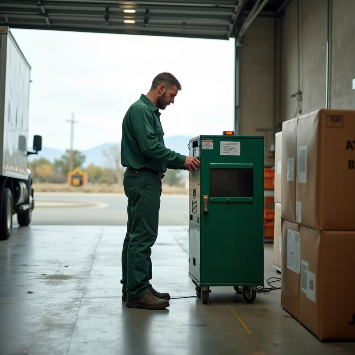 Technician checking a rodent monitoring station at a Fresno packing shed