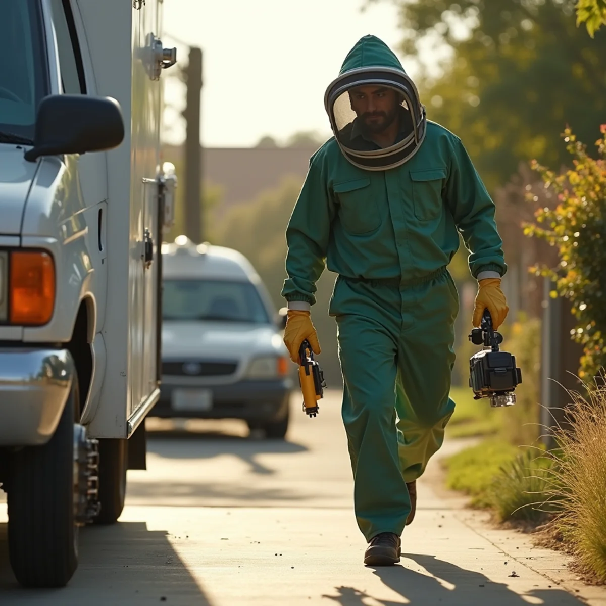 Technician in protective gear removing an active wasp nest by a Fresno front door