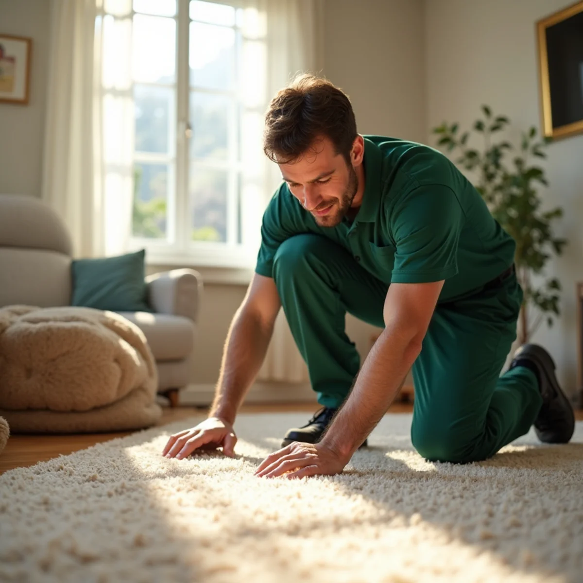 Technician treating a Fresno living-room carpet for fleas near pet bedding