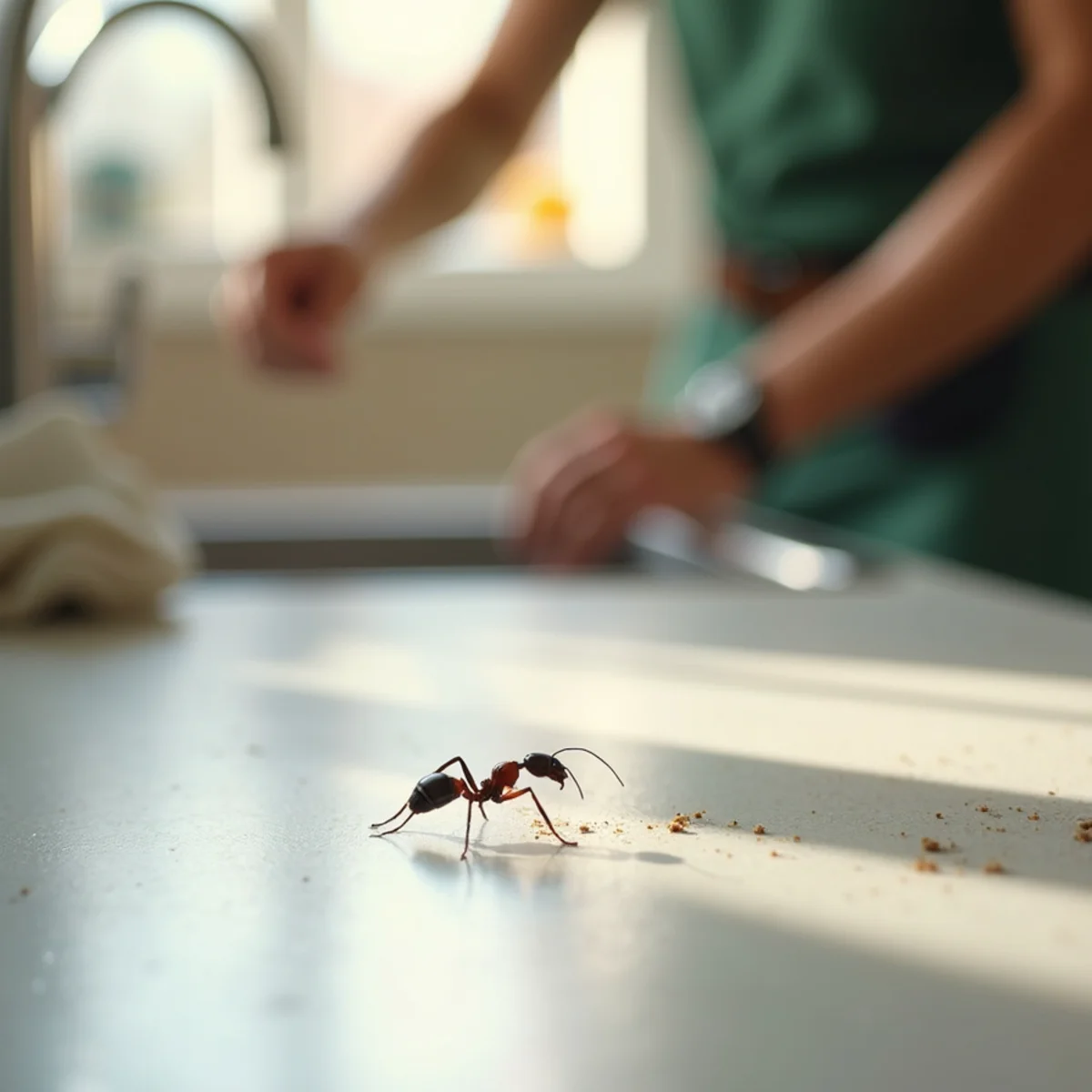Ant trail crossing a Fresno kitchen counter near the sink