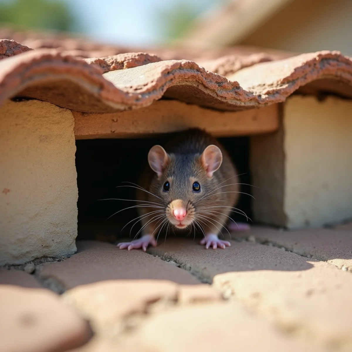 Roof rat entry point where a tiled roofline meets the wall