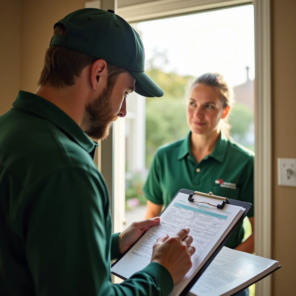 Technician reviewing a written service plan with a homeowner