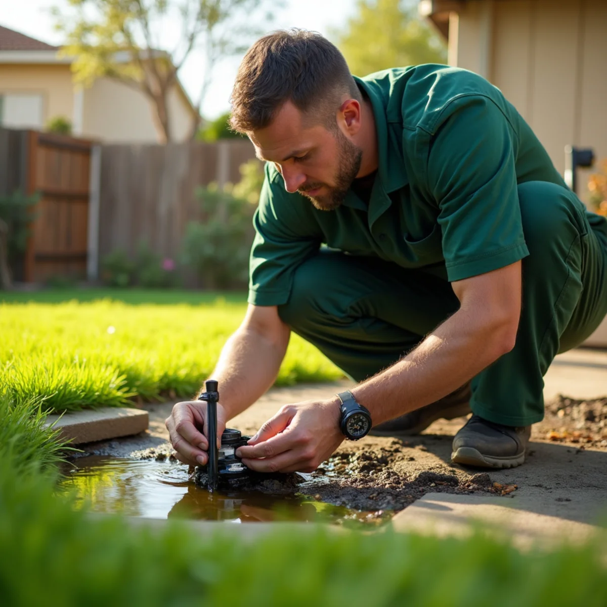 Technician checking standing water for mosquito larvae in a Fresno backyard