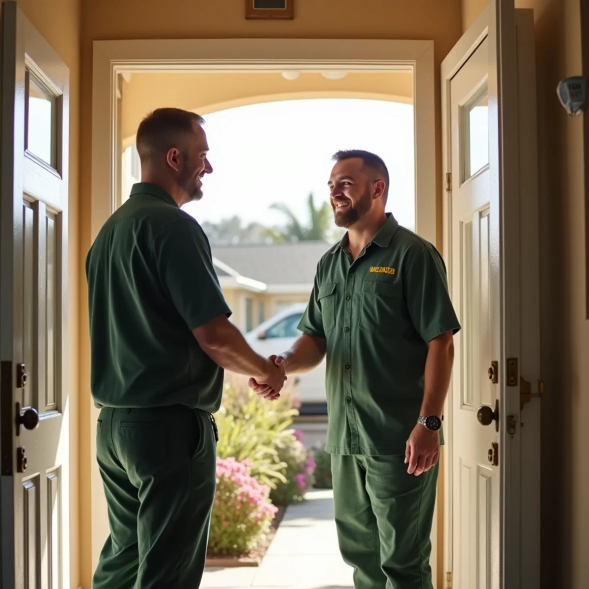 Satisfied Fresno homeowner thanking a pest control technician at the door