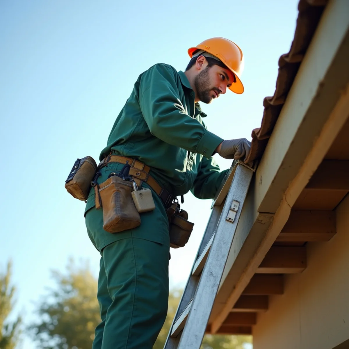 Technician sealing a roof-line rodent entry point on a Fresno home