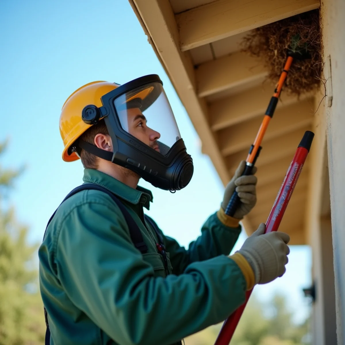 Technician treating a yellowjacket ground nest in a Fresno lawn
